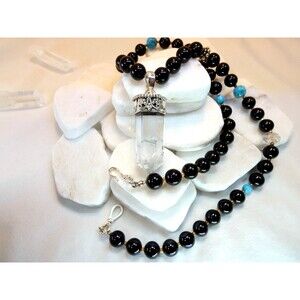 Sterling Silver Rock Quartz Pendant Onyx Turquoise Herkimer Diamond Necklace